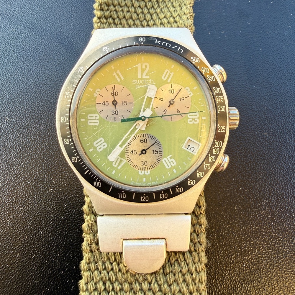 Swatch Irony Chronograph Watch Green Dial Canvas Strap Quartz